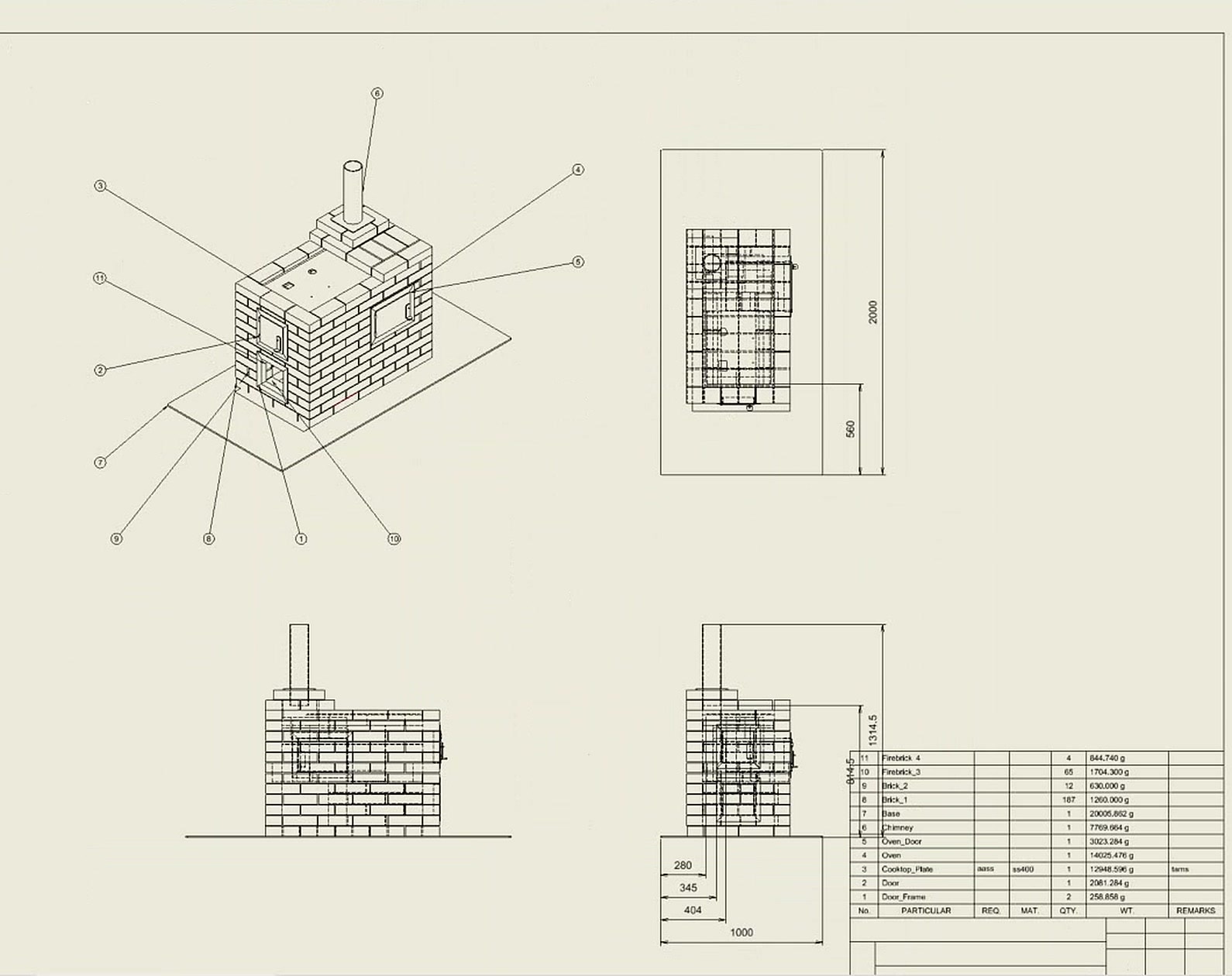 The overall assembly sheet in the IDW: views, isometric view, balloons, dimensions and BOM