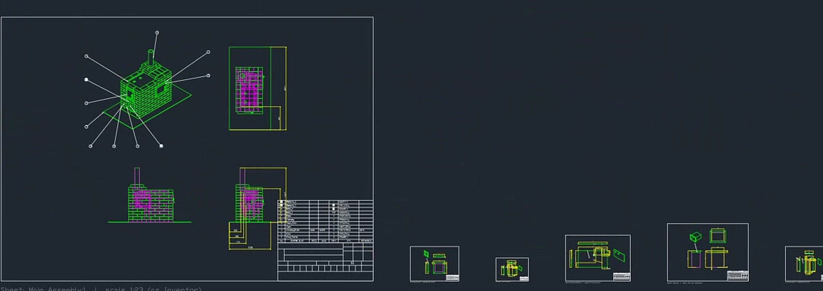 One DWG in AutoCAD holding the assembly sheet and the part sheets in a row