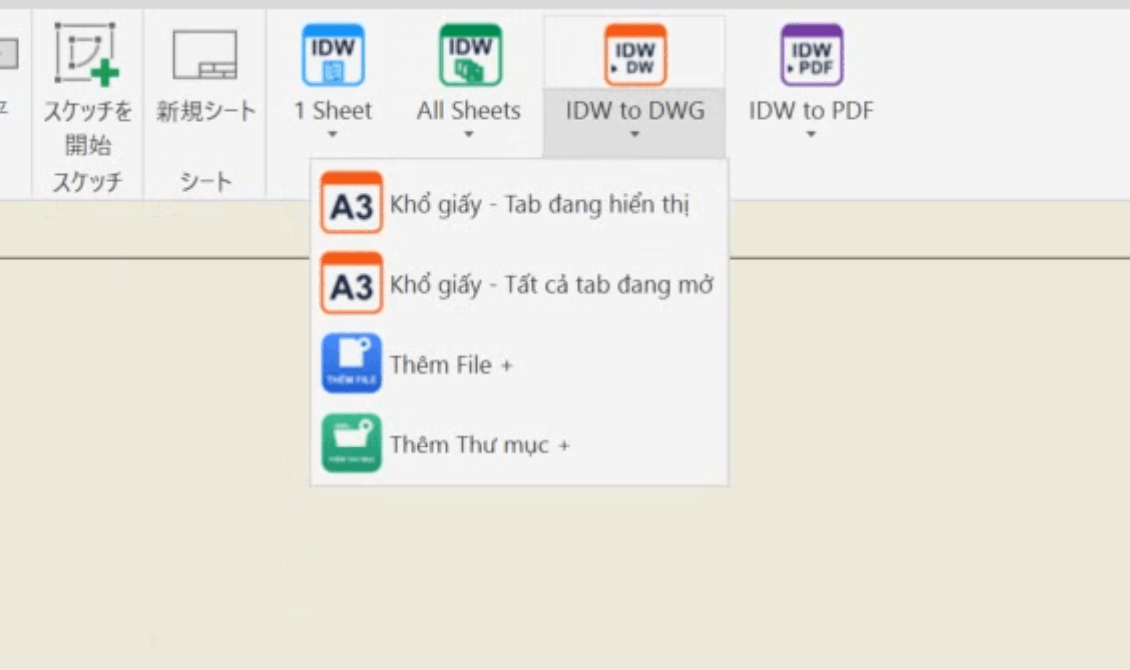The IDW to DWG drop-down: paper size for the visible tab or all open tabs, Add File + and Add Folder +