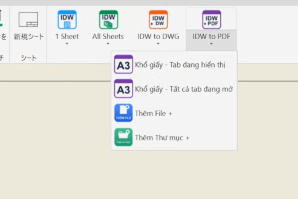 The IDW to PDF drop-down: paper size for the visible tab or all open tabs, Add File + and Add Folder +